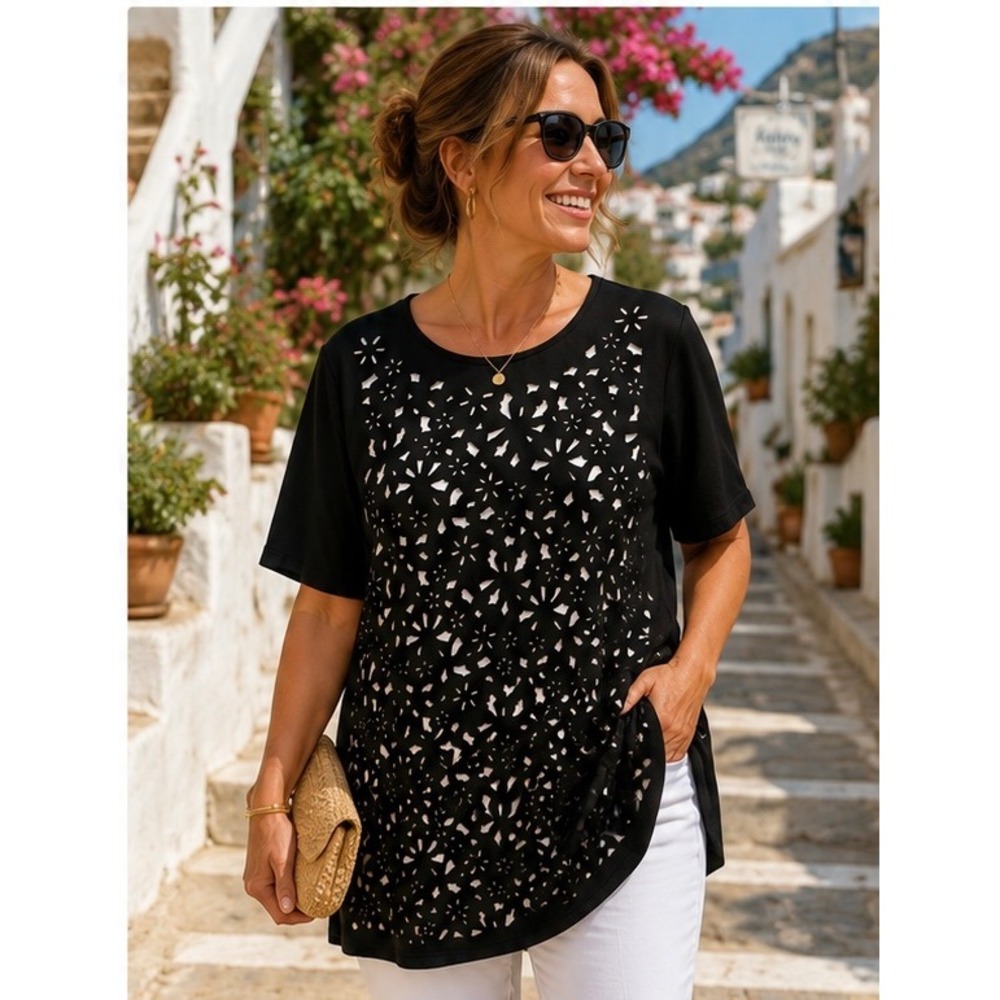 Catherines 1X Black Laser Cut Tunic Top Floral Overlay Lined Plus Size Stretch